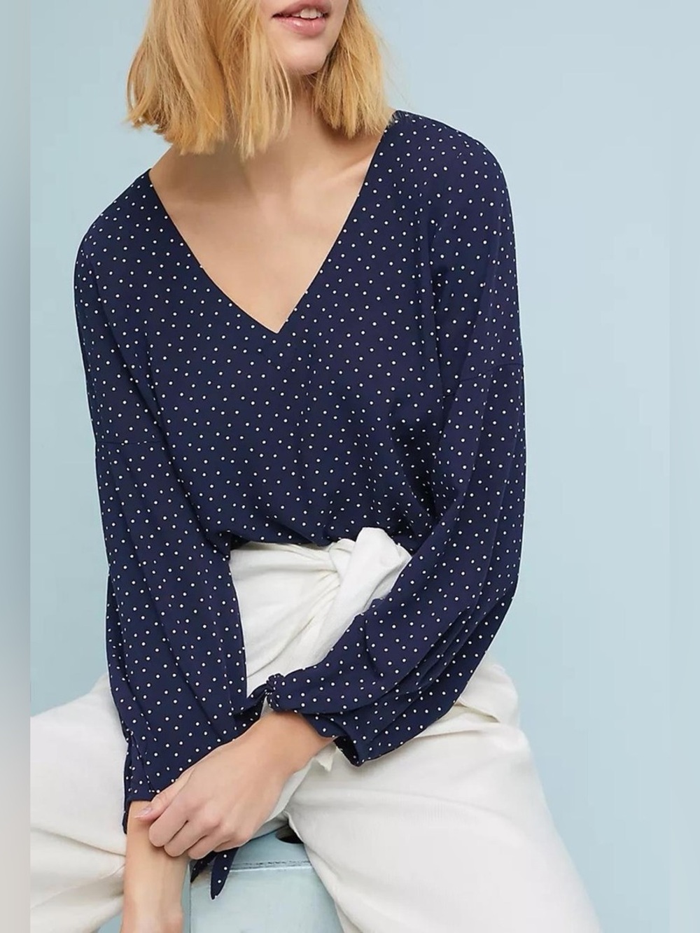 Anthropologie Navy with White Polka Dot V-Neck Blouse